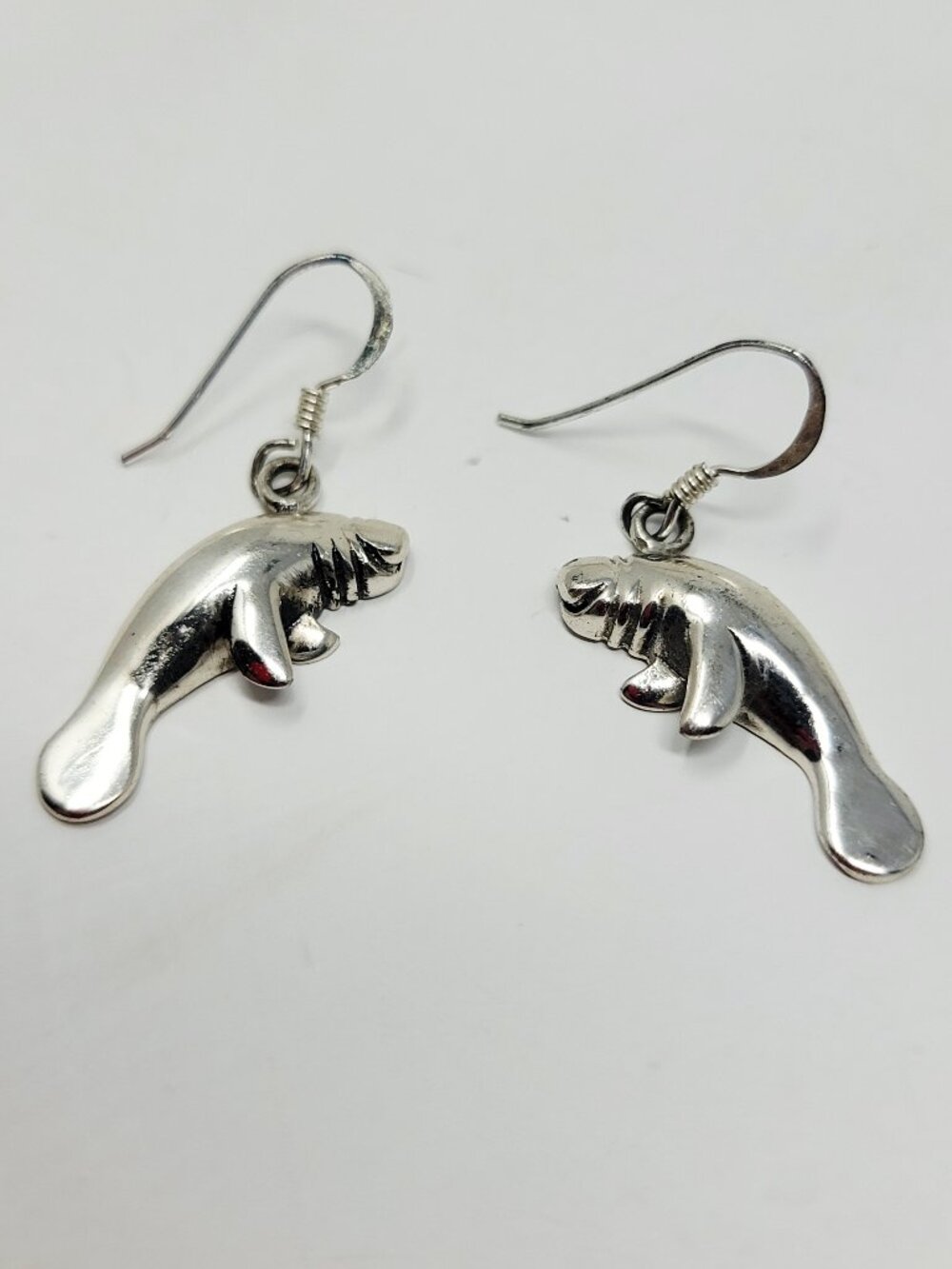 Sterling Silver 925 Manatee Dangle Earrings Ocean Sea Cow